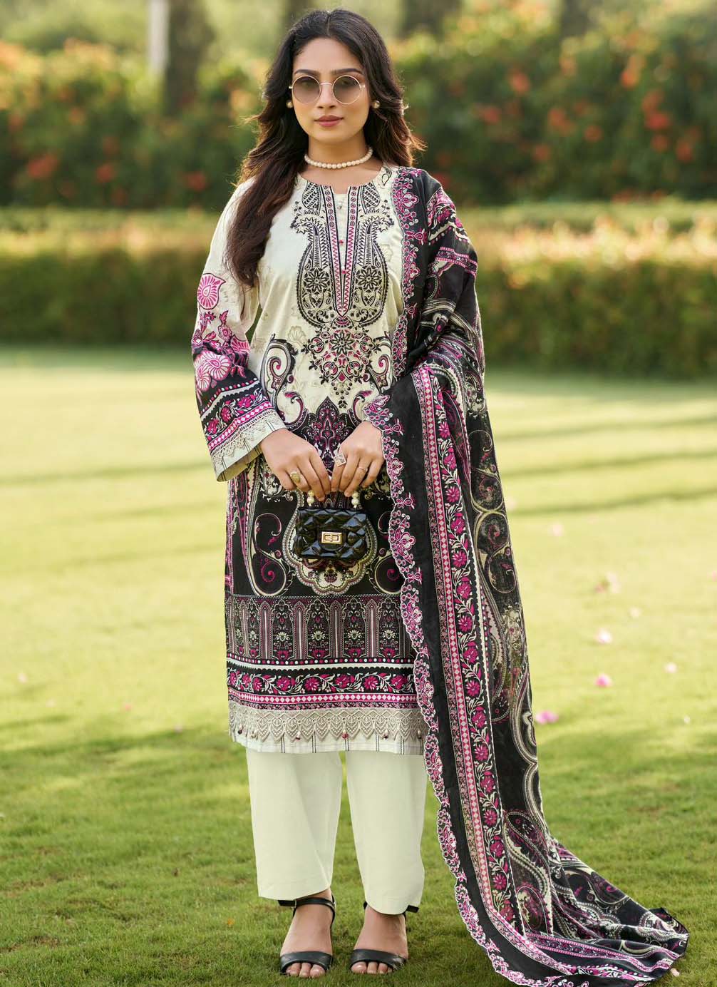 Pure Cotton Pakistani Print Unstitched Suit Material with Neck Embroidery
