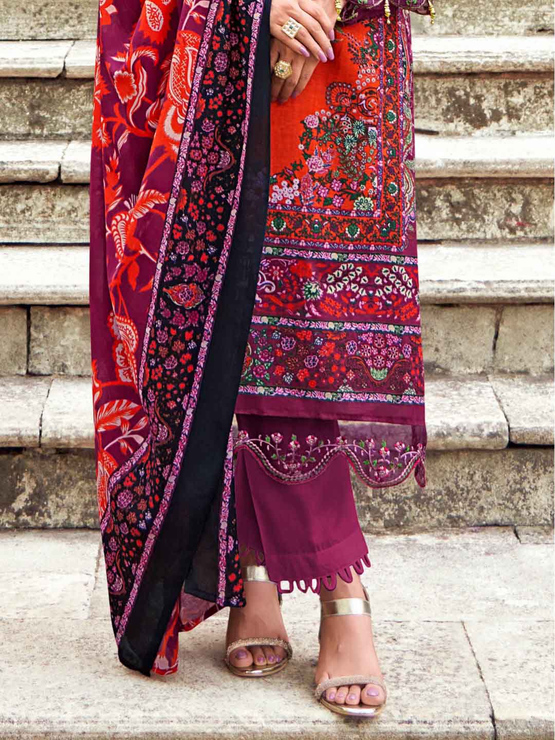 Levisha Pakistani Print Unstitched Cotton Suit Material Dark Pink