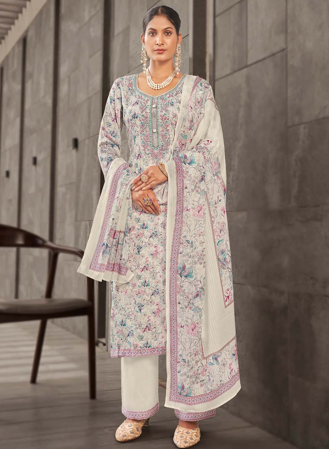 Embroidered Unstitched Cotton Satin Suit Dress Material with Dupatta