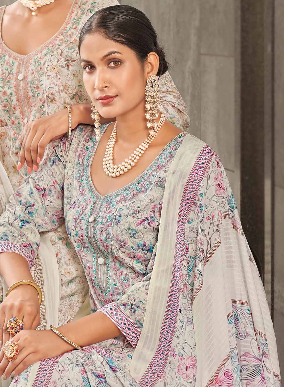 Embroidered Unstitched Cotton Satin Suit Dress Material with Dupatta