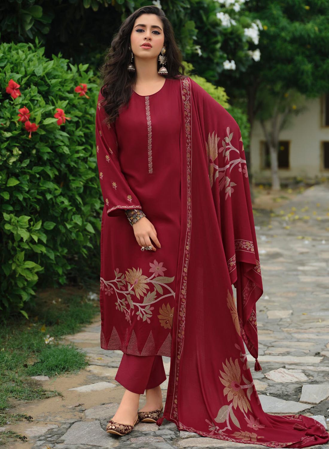 Party Wear Maroon Unstitched Winter Suit Material for Women