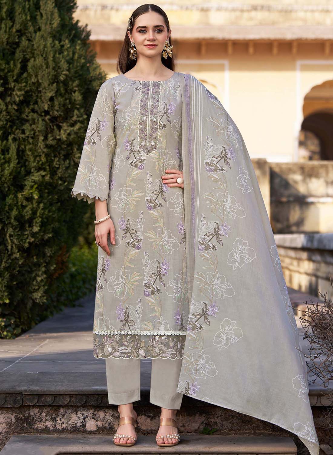 Grey Embroidered Unstitched Cotton Salwar Suit Dress Material for Wome – Stilento