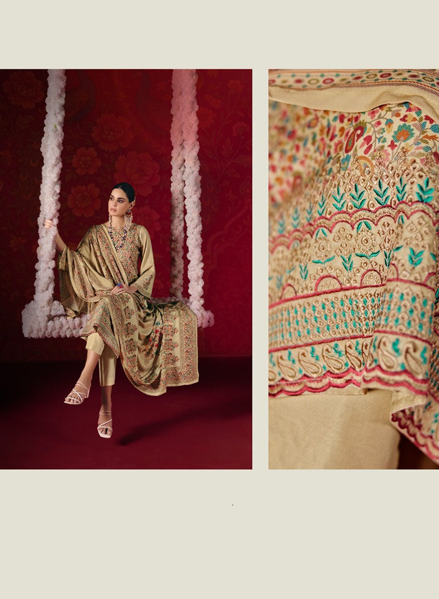 Beige Pashmina Unstitched Winter Salwar Suit Dress Material for Women