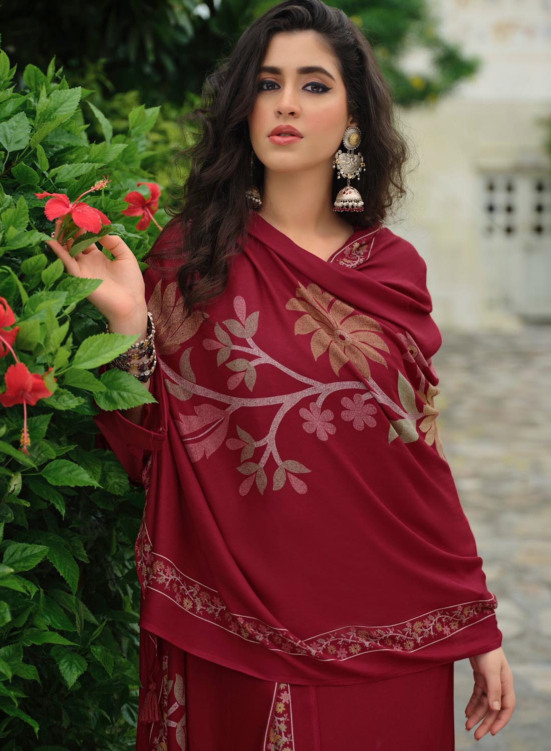 Party Wear Maroon Unstitched Winter Suit Material for Women