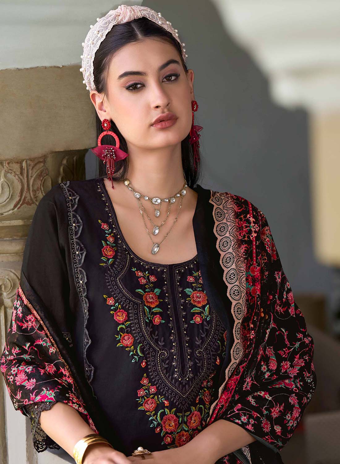 Black Unstitched Pakistani Cotton Suit Dress Material with Embroidery for Women