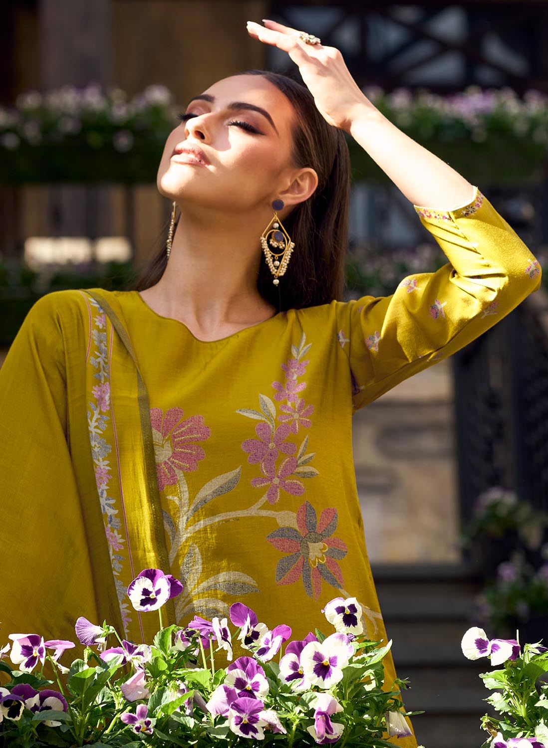 Party Wear Pure Viscose Muslin Unstitched Printed Suit Mustard
