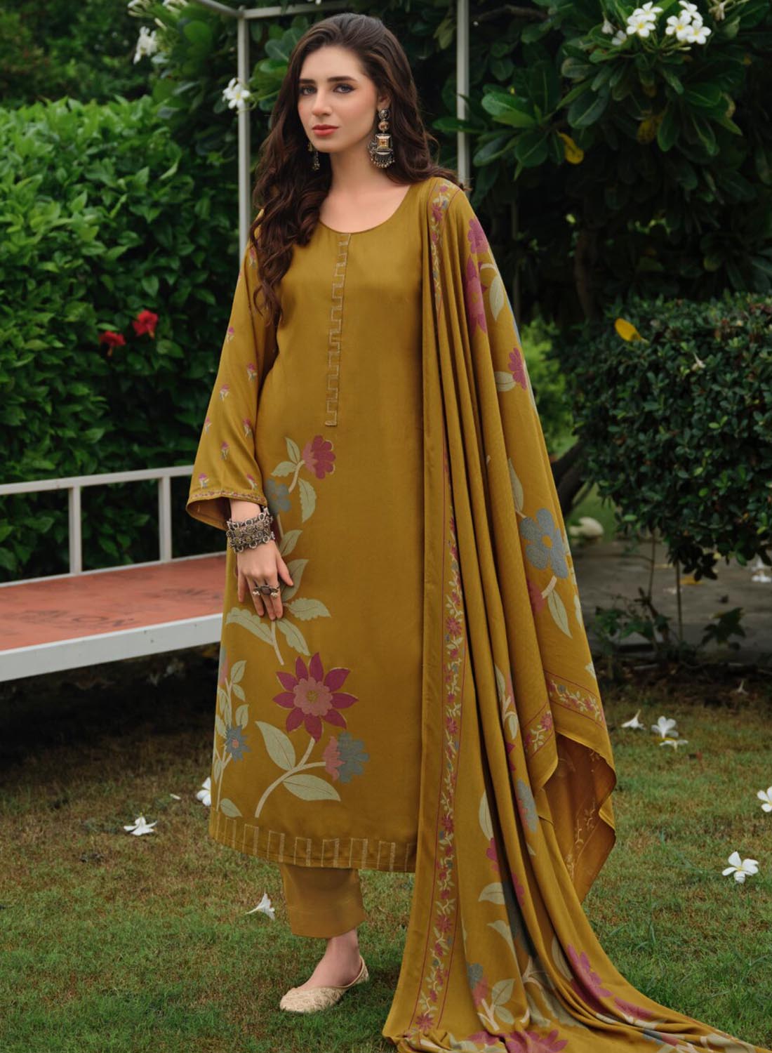 Party Wear Mustard Unstitched Winter Suit Material for Women