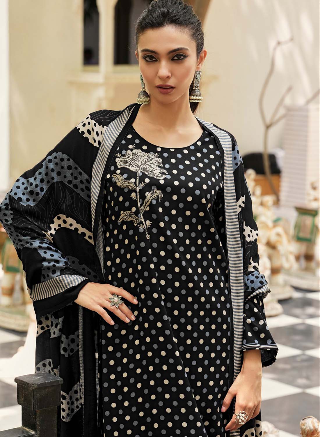 Unstitched Black Woolen Pashmina Winter Suit Material for Women