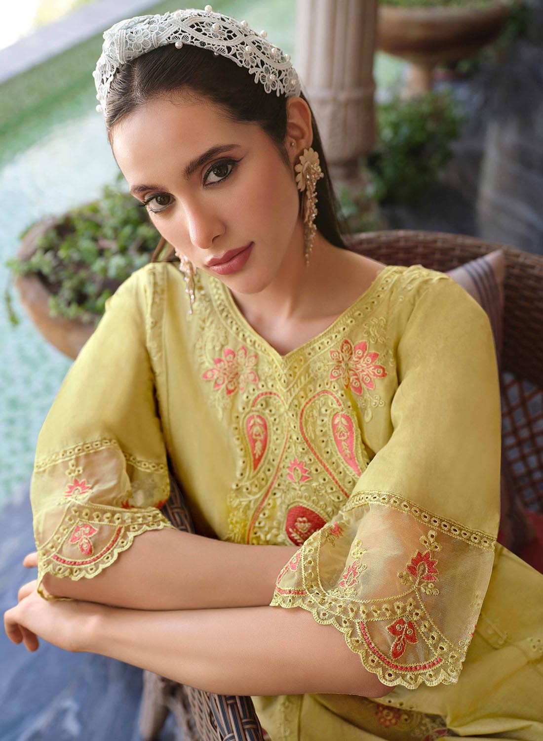 Green Unstitched Cotton Pakistani Suit Material with Embroidery for Women