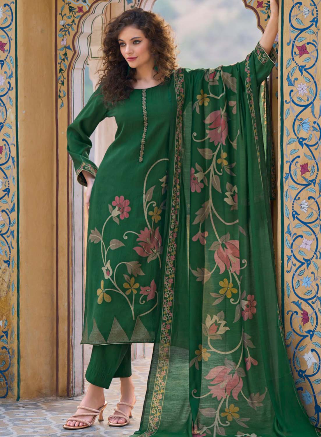 Pure Muslin Unstitched Green Printed Women Salwar Suit Dress Material