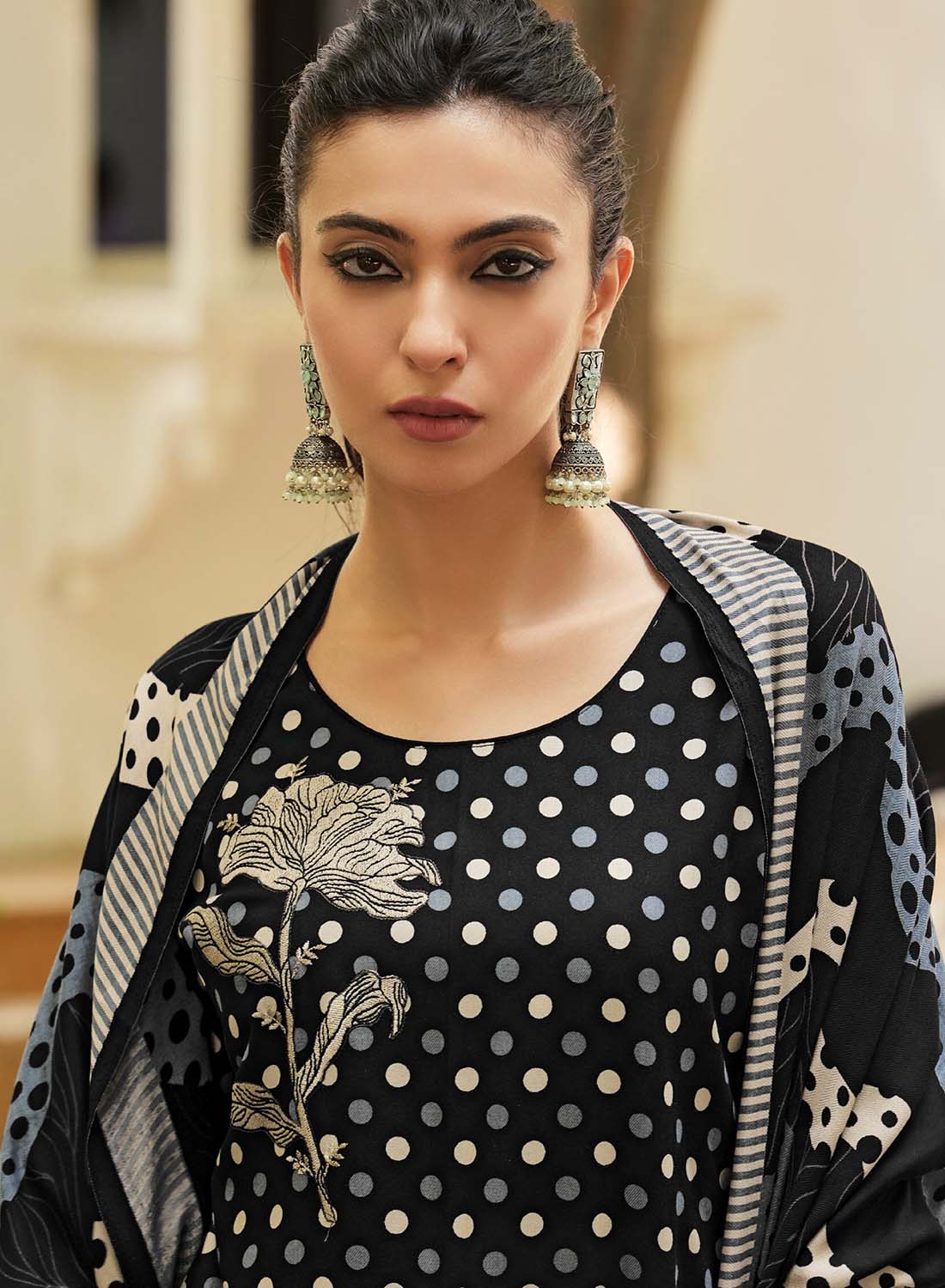 Unstitched Black Woolen Pashmina Winter Suit Material for Women