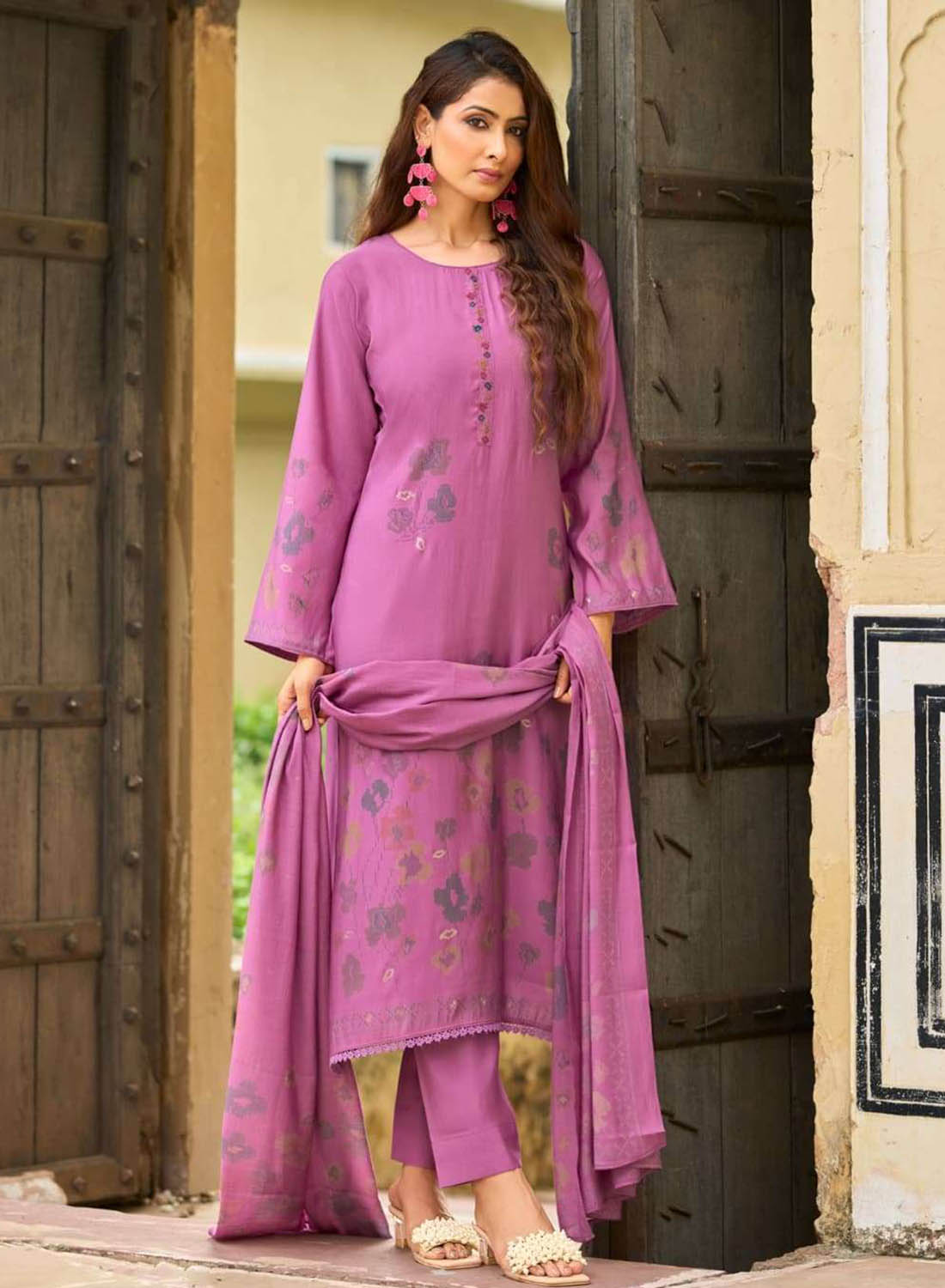 Fancy Pink Muslin Silk Unstitched Salwar Suit Material for Women