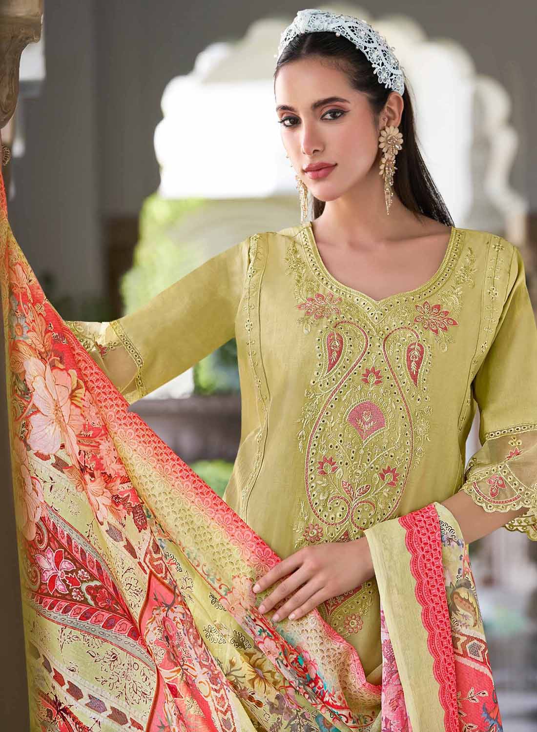 Green Unstitched Cotton Pakistani Suit Material with Embroidery for Women