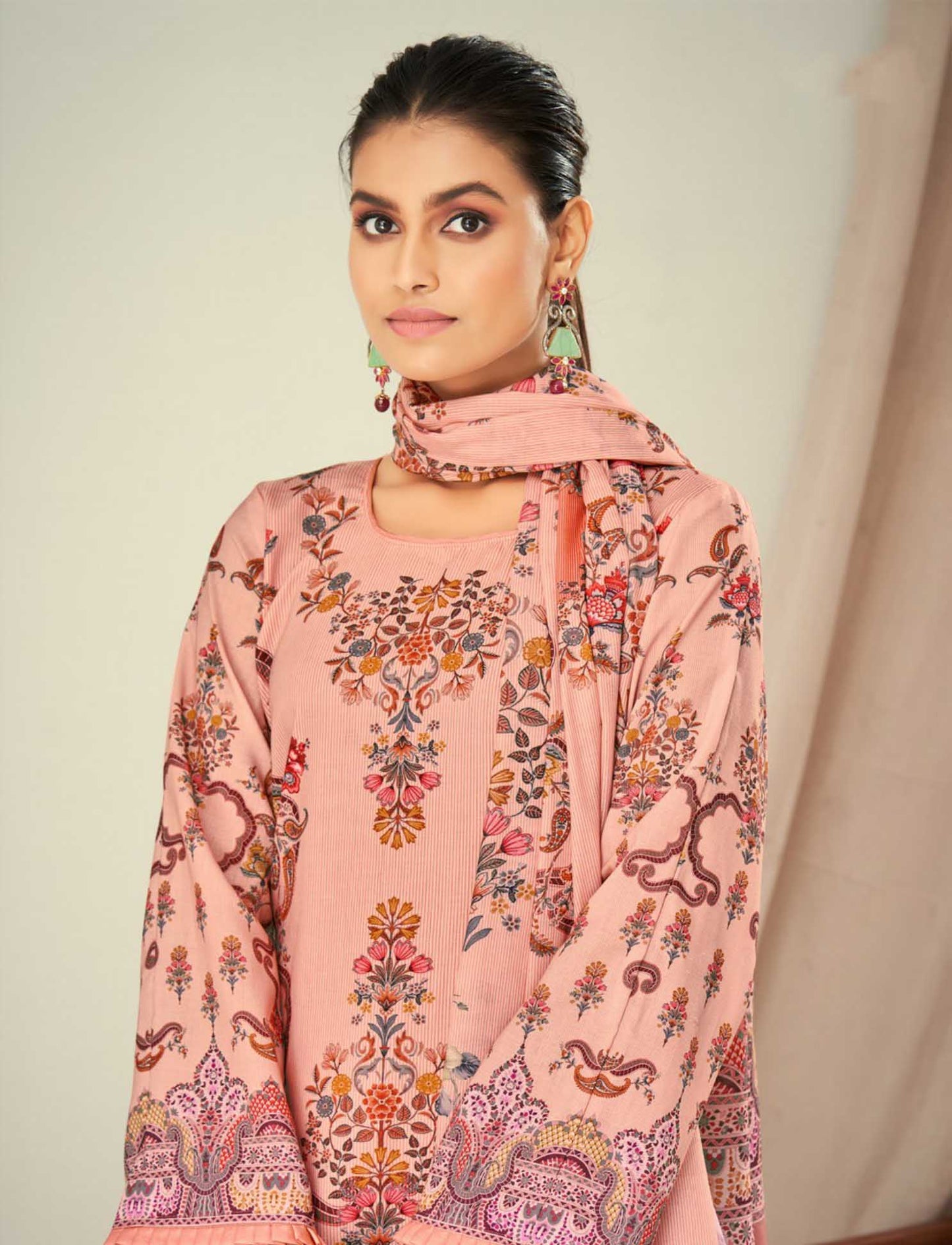 Kesar Lawn Cotton Unstitched Pakistani Print Suit Peach