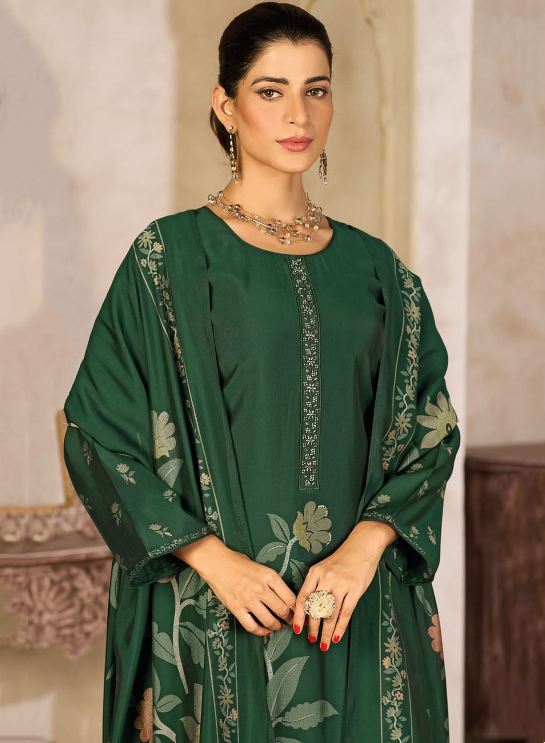Green Party Wear Muslin Silk Unstitched Salwar Suit Dress Material
