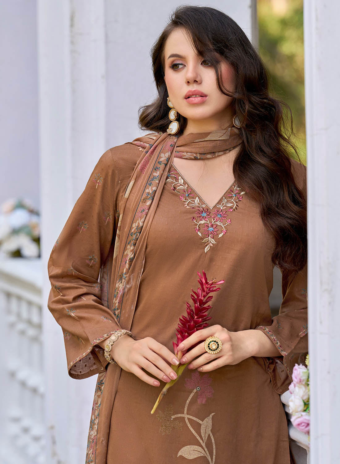 Women’s Unstitched Cotton Suit Dress Material with Chiffon Dupatta