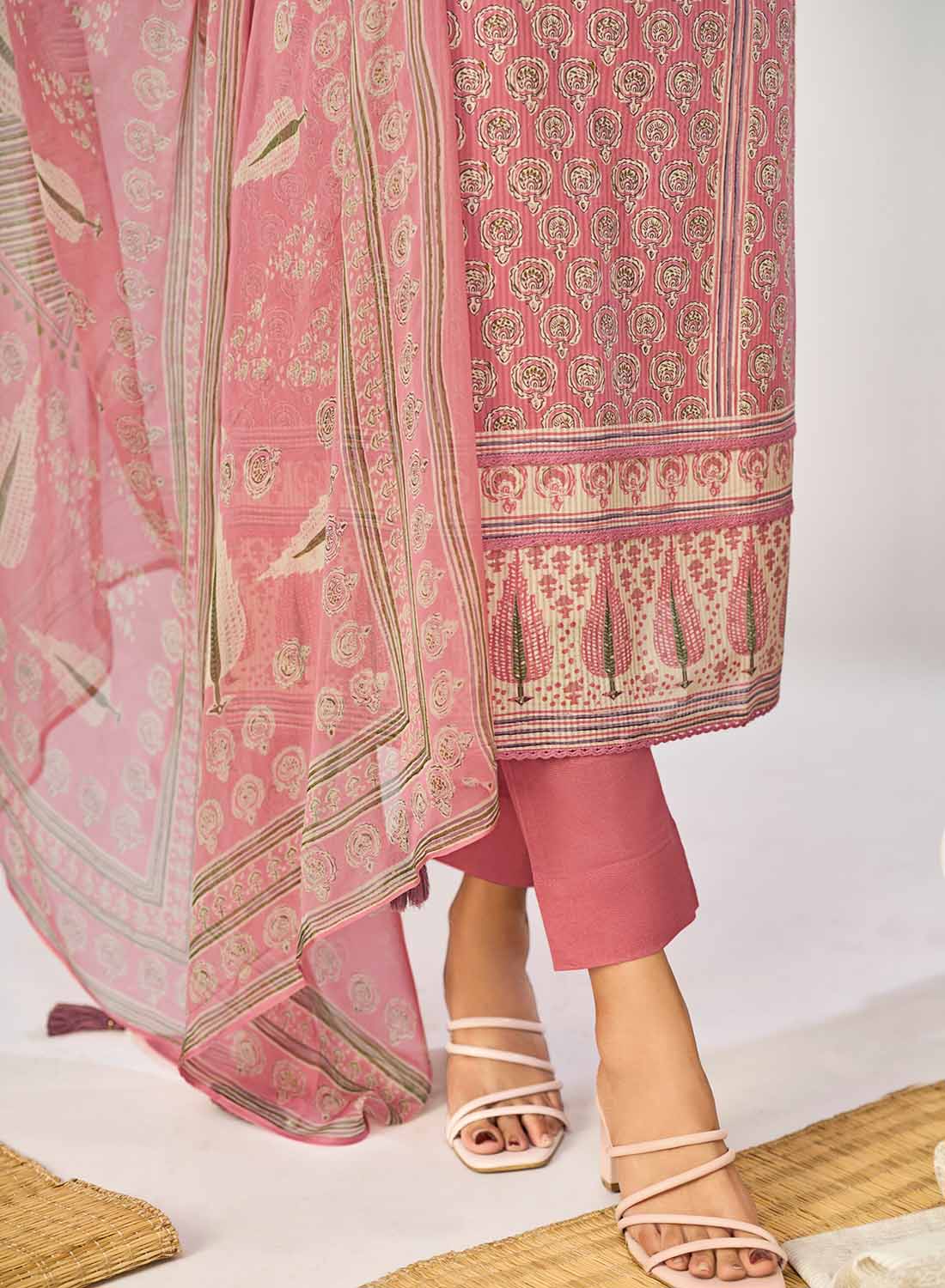 Pink Pure Cotton Unstitched Suit Material with Dupatta for Women