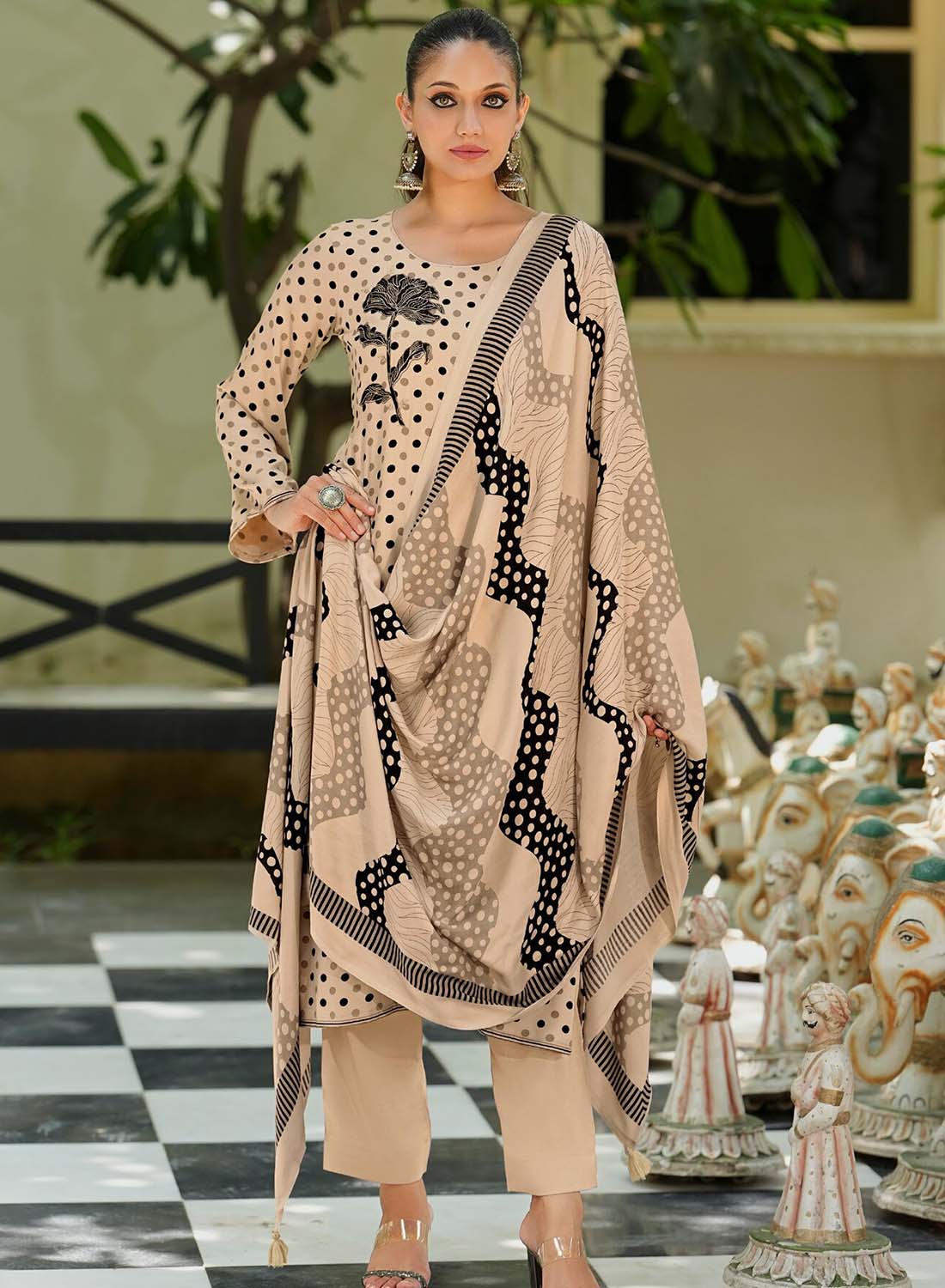Unstitched Beige Woolen Pashmina Winter Suit Material for Women