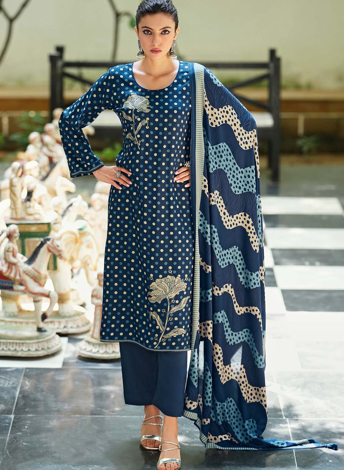 Unstitched Blue Woolen Pashmina Winter Suit Material for Women