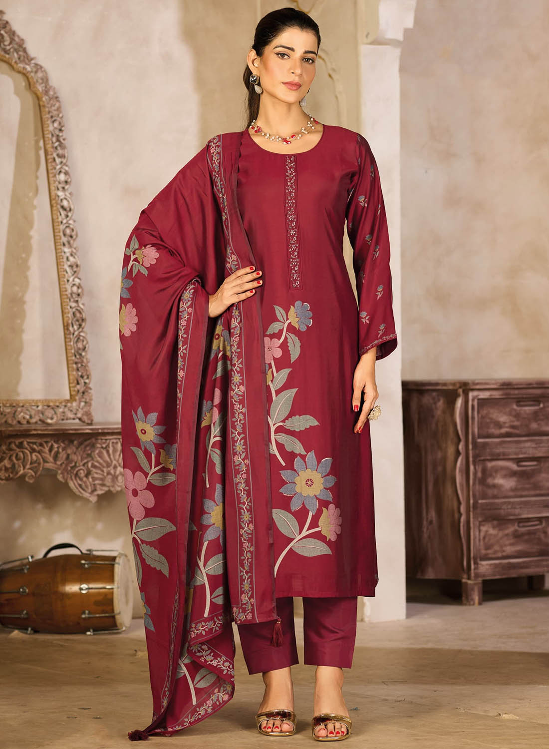 Maroon Party Wear Muslin Silk Unstitched Salwar Suit Dress Material