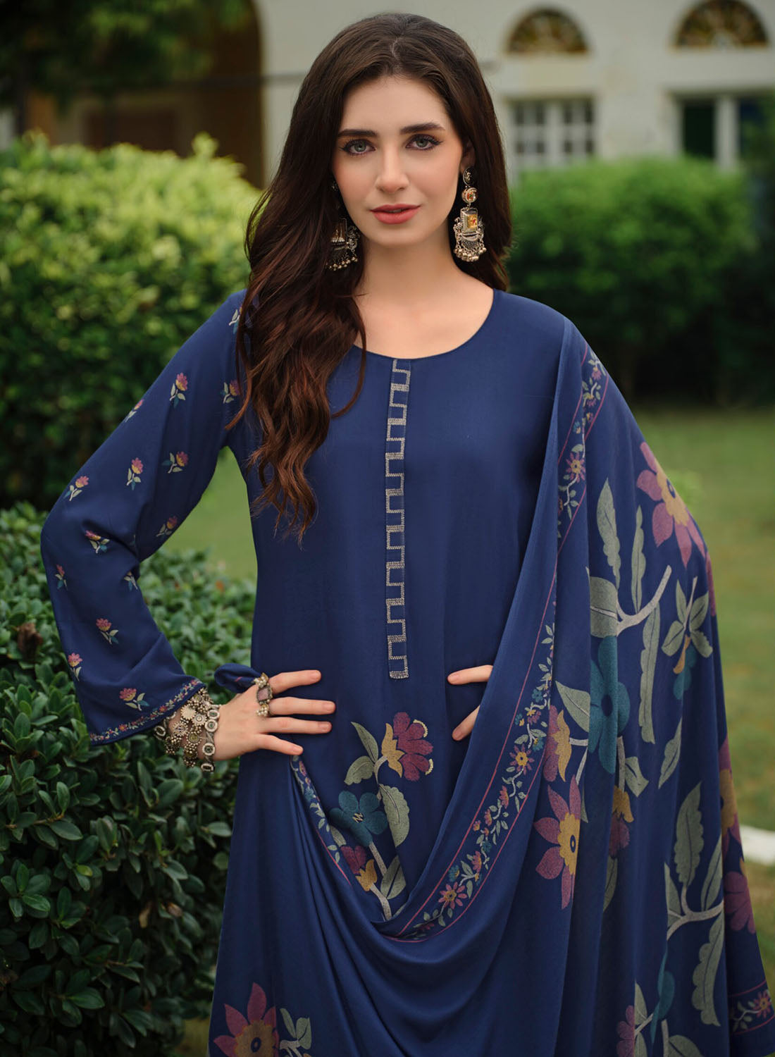 Party Wear Blue Unstitched Pashmina Winter Suit Material for Women