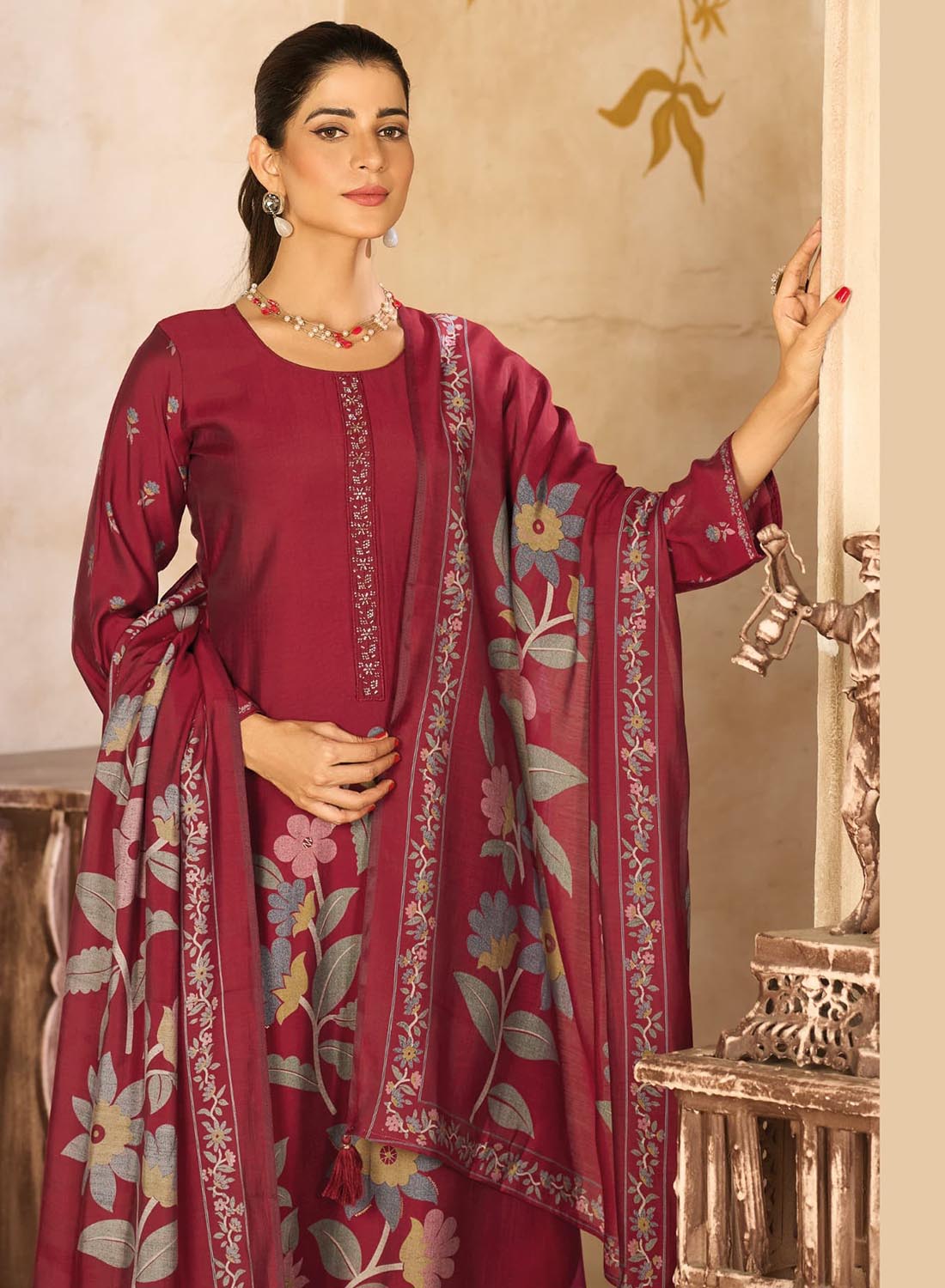 Maroon Party Wear Muslin Silk Unstitched Salwar Suit Dress Material
