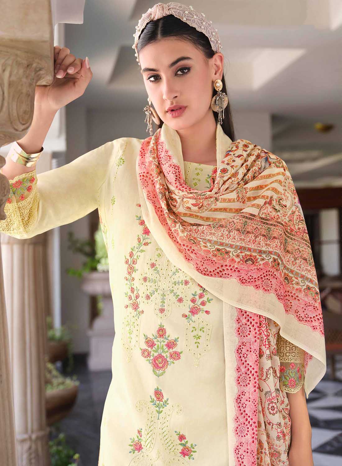 Cream Unstitched Cotton Pakistani Suit Material with Embroidery for Women