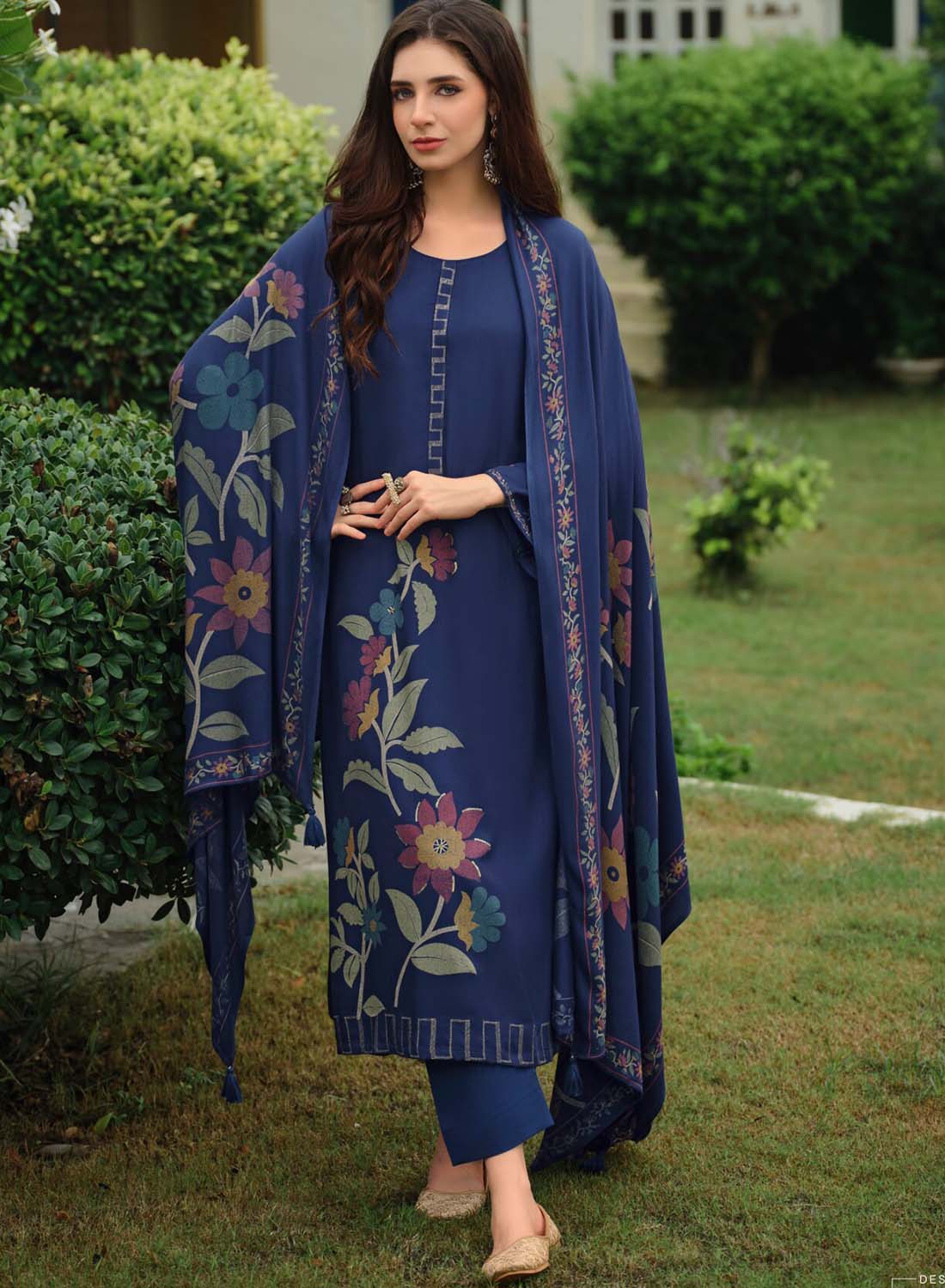 Party Wear Blue Unstitched Pashmina Winter Suit Material for Women