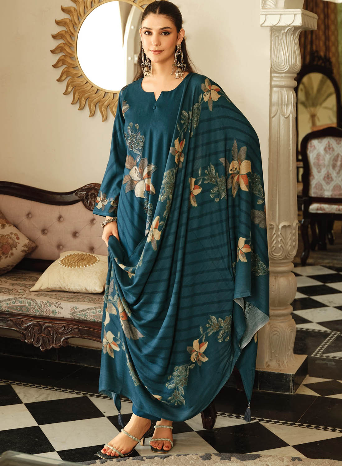 Teal Blue Pashmina Unstitched Winter Salwar Suit Set Material for Women