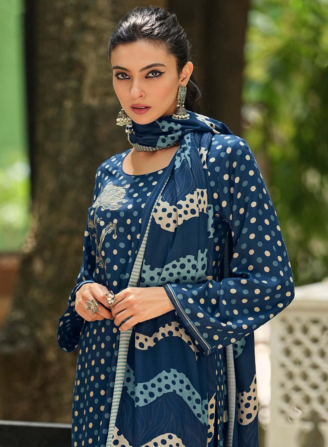 Unstitched Blue Woolen Pashmina Winter Suit Material for Women
