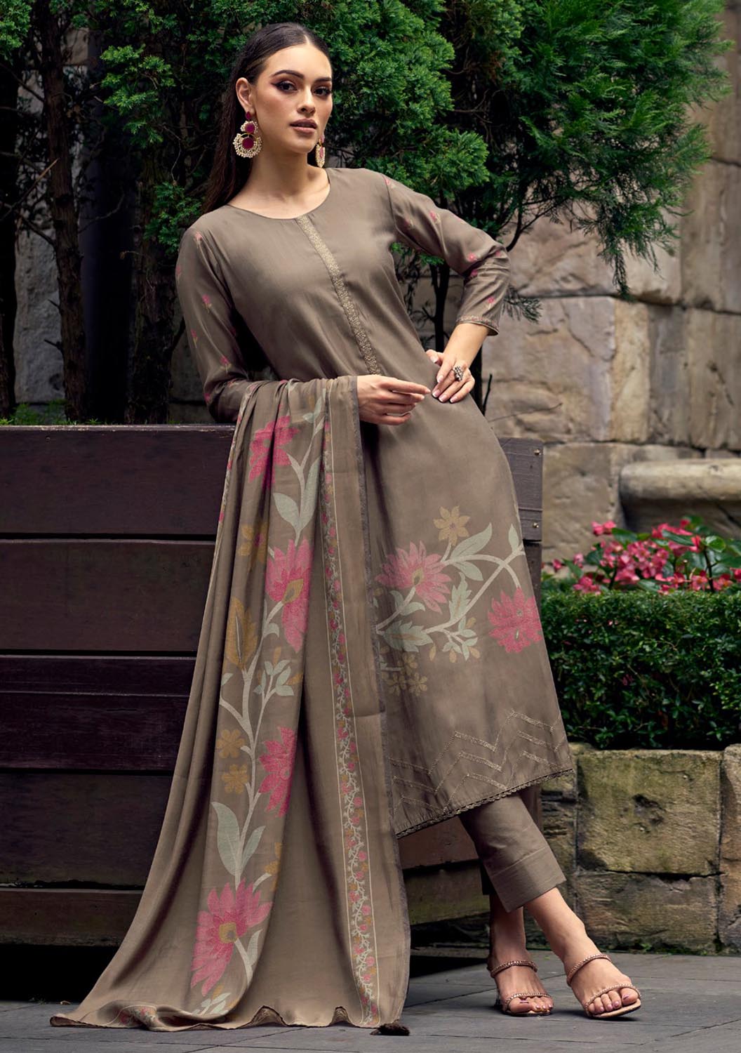 Party Wear Pure Muslin Unstitched Printed Women Salwar Suit Brown