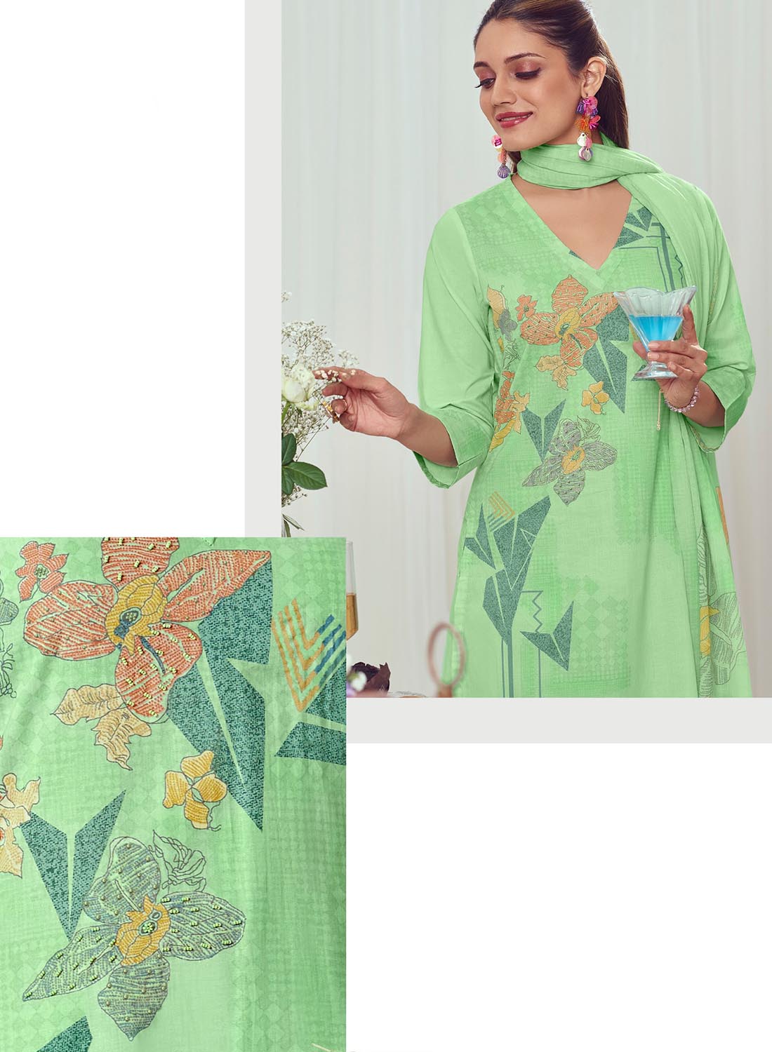 Pure Cotton Lawn Green Unstitched Suit Dress Material for Women