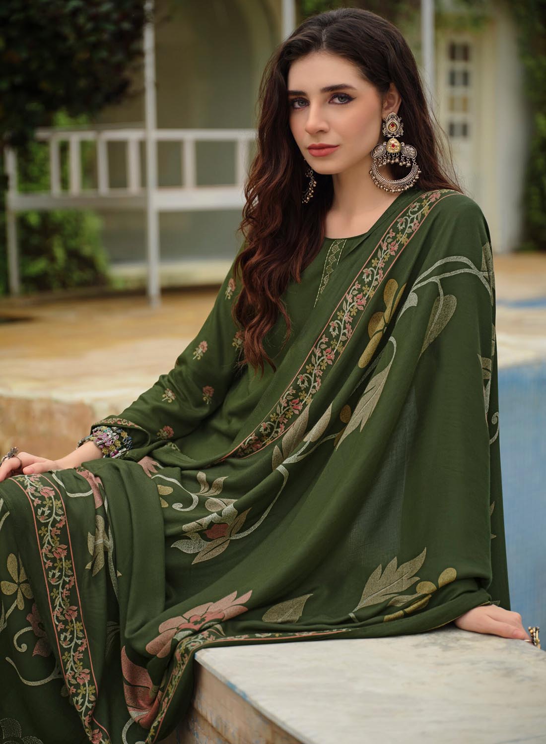 Party Wear Green Unstitched Pashmina Winter Suit Material for Women