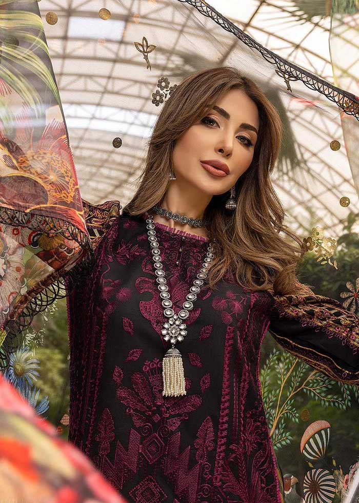 Arzoo Embroidered Unstitched Black Pakistani Lawn Suits with Organza Dupatta