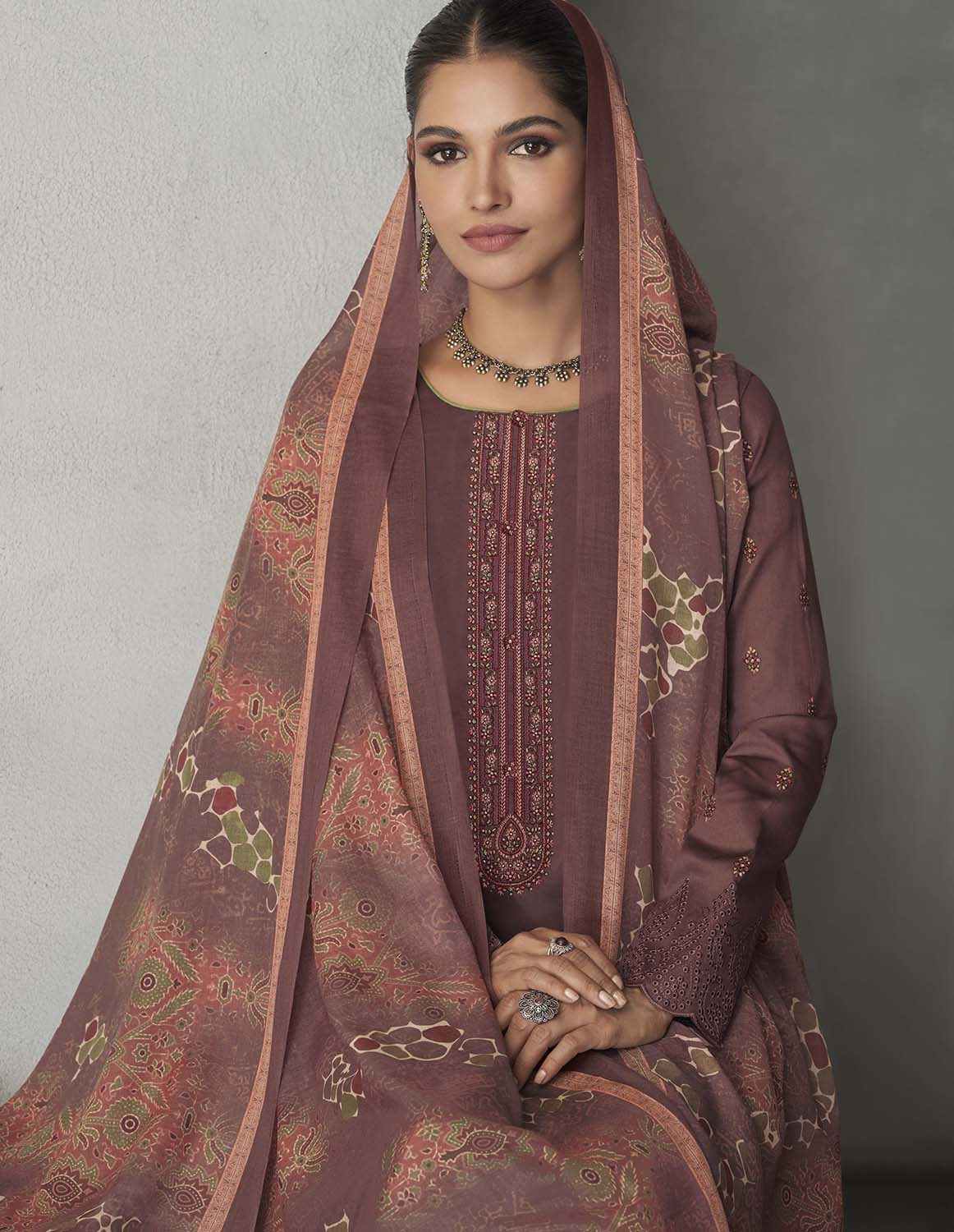 Pure Cotton Satin Unstitched Women Brown Suit Material with Embroidery