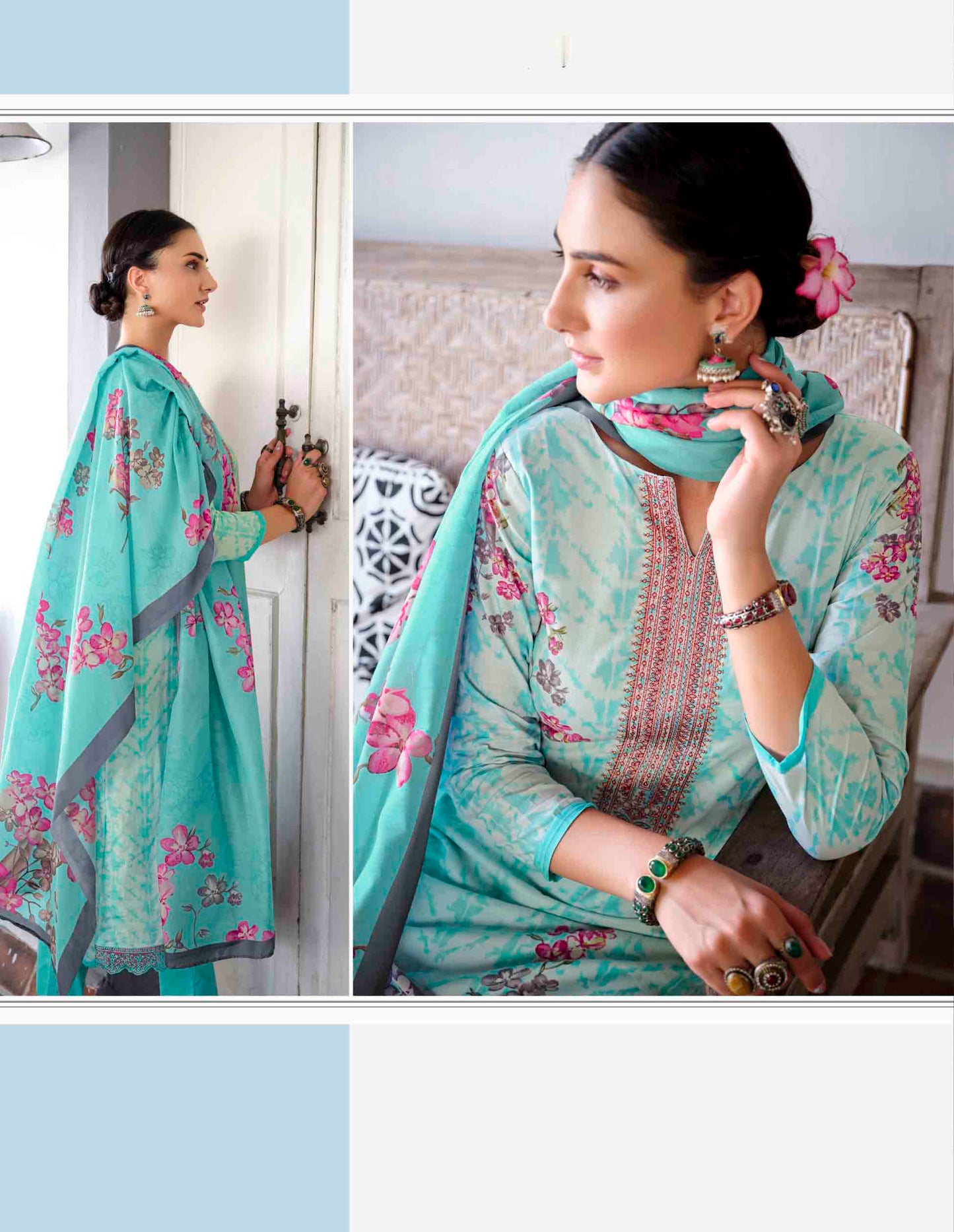 Lawn Cotton Unstitched Women Suits Aqua Embroidery Dress Materials