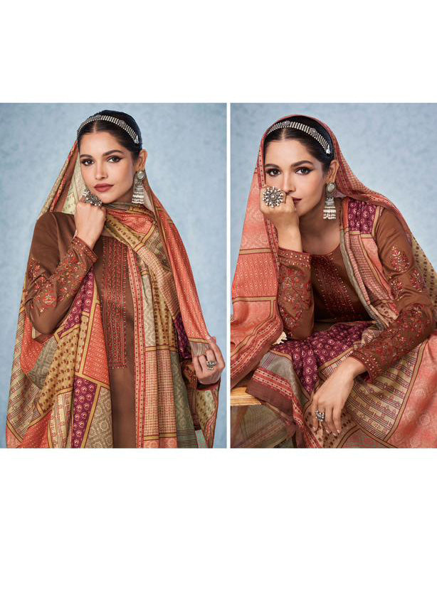 Mumtaz Arts Unstitched Cotton Satin Rust Brown Suit Material