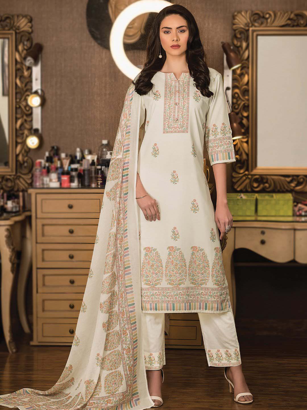 Pure Cotton Unstitched Off-White Indian Ladies Suits Dress