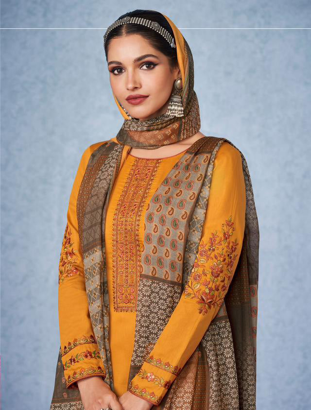 Mumtaz Arts Unstitched Cotton Satin Mustard Salwar Suit Material