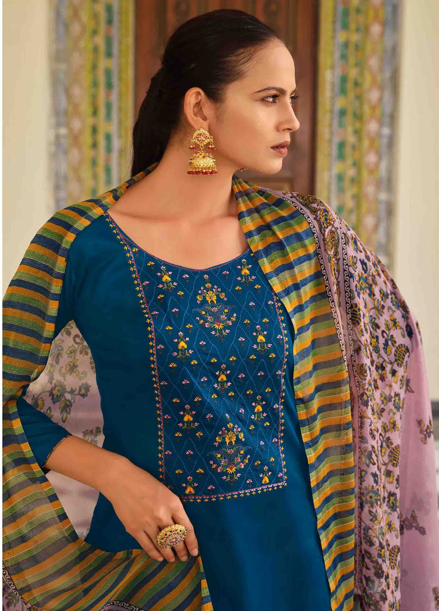 Pure Jam Cotton Unstitched Blue Women Suits Material with Embroidery