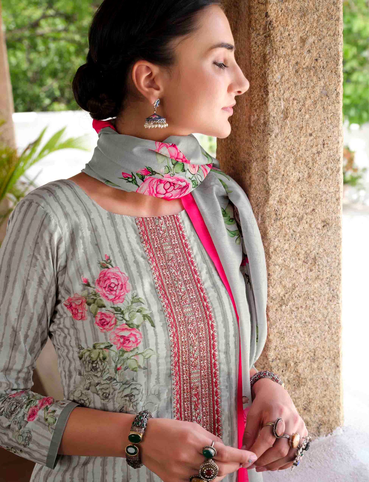 Lawn Cotton Unstitched Women Suits Dark Grey Embroidery Dress Materials