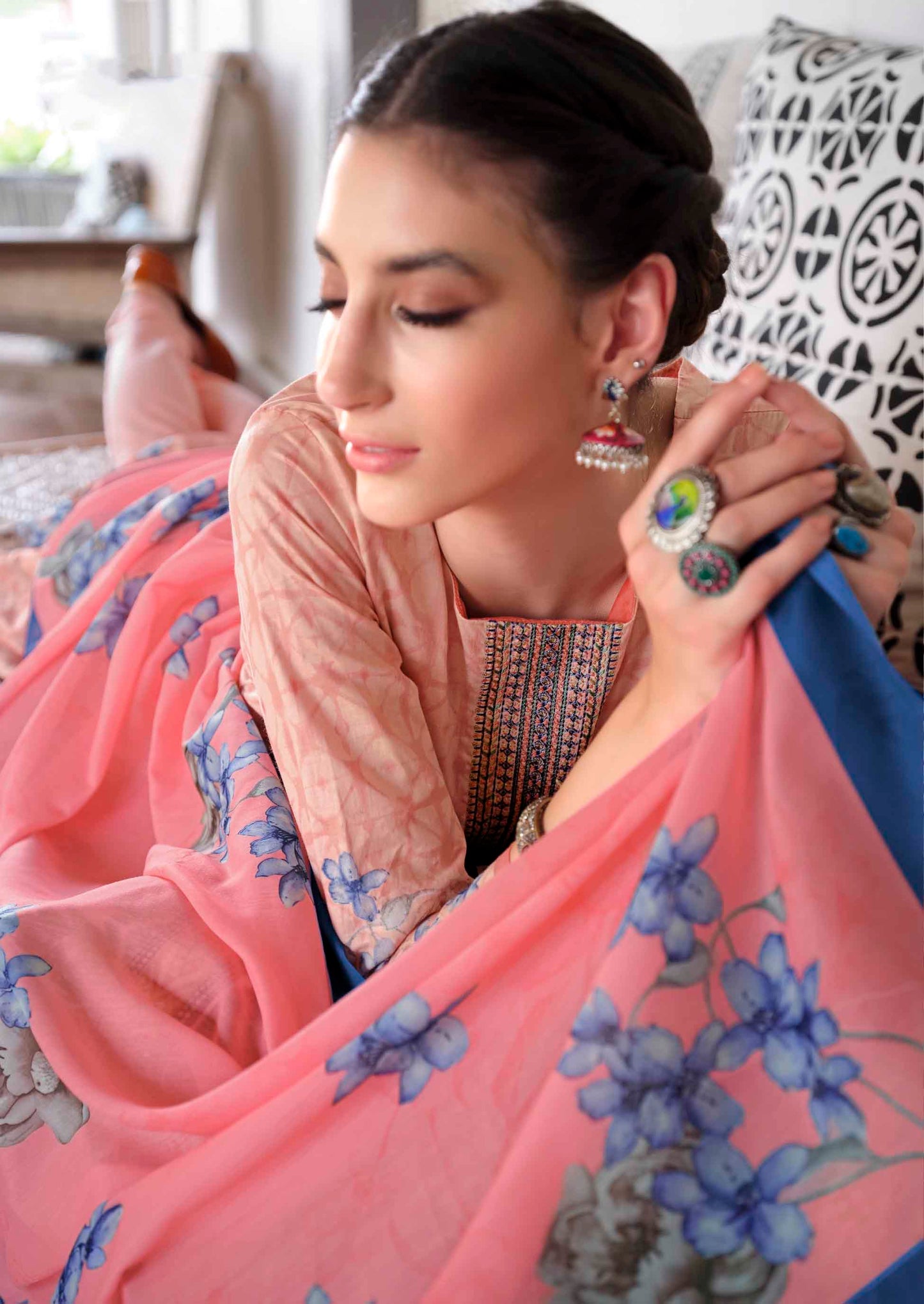 Lawn Cotton Unstitched Women Suits Peach Embroidery Dress Materials