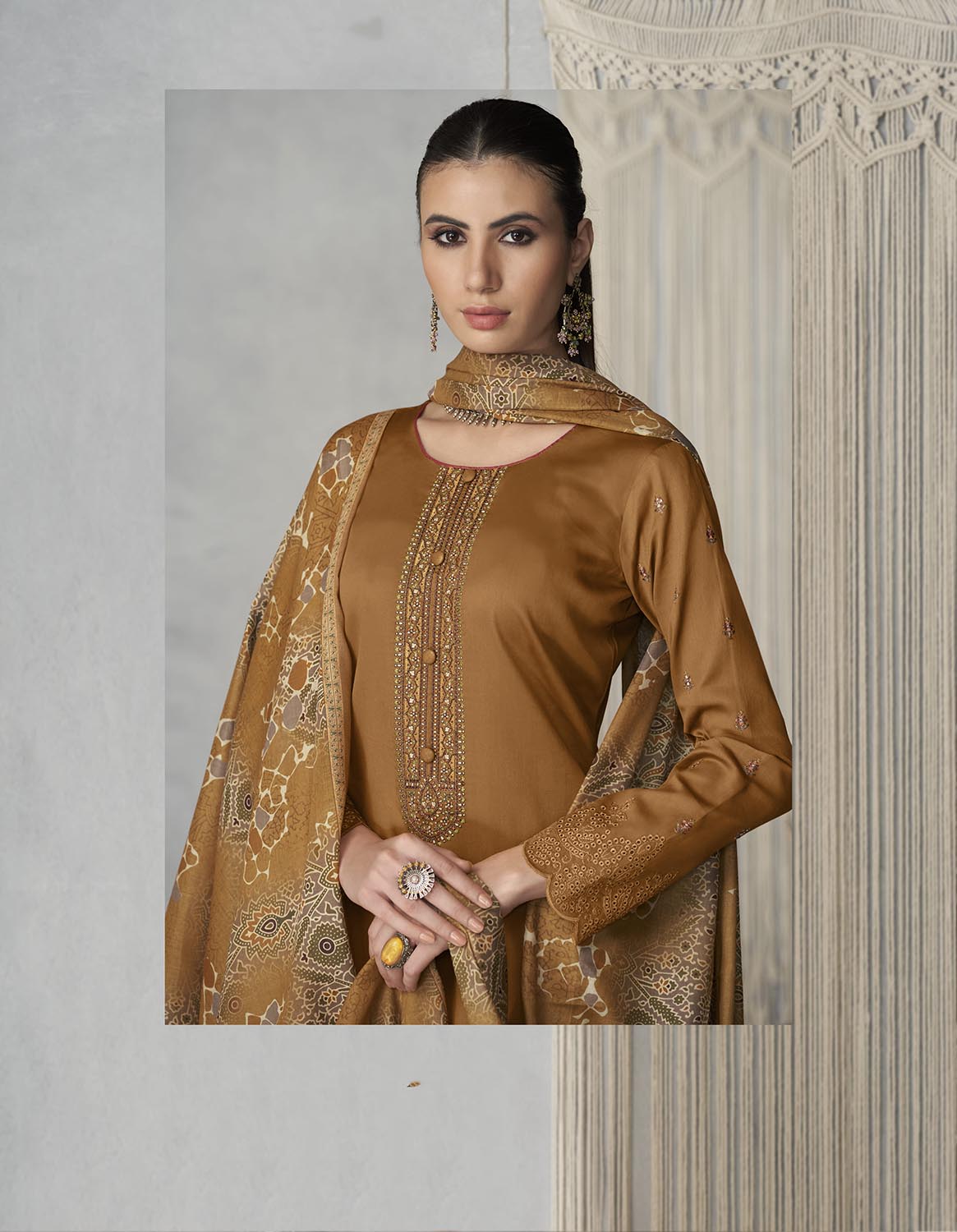 Pure Cotton Satin Unstitched Women Yellow Suits Material with Embroidery
