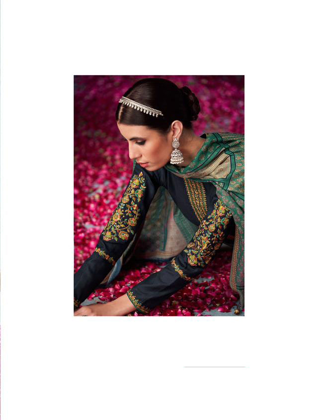 Mumtaz Arts Unstitched Cotton Satin Navy Blue Salwar Suit Material