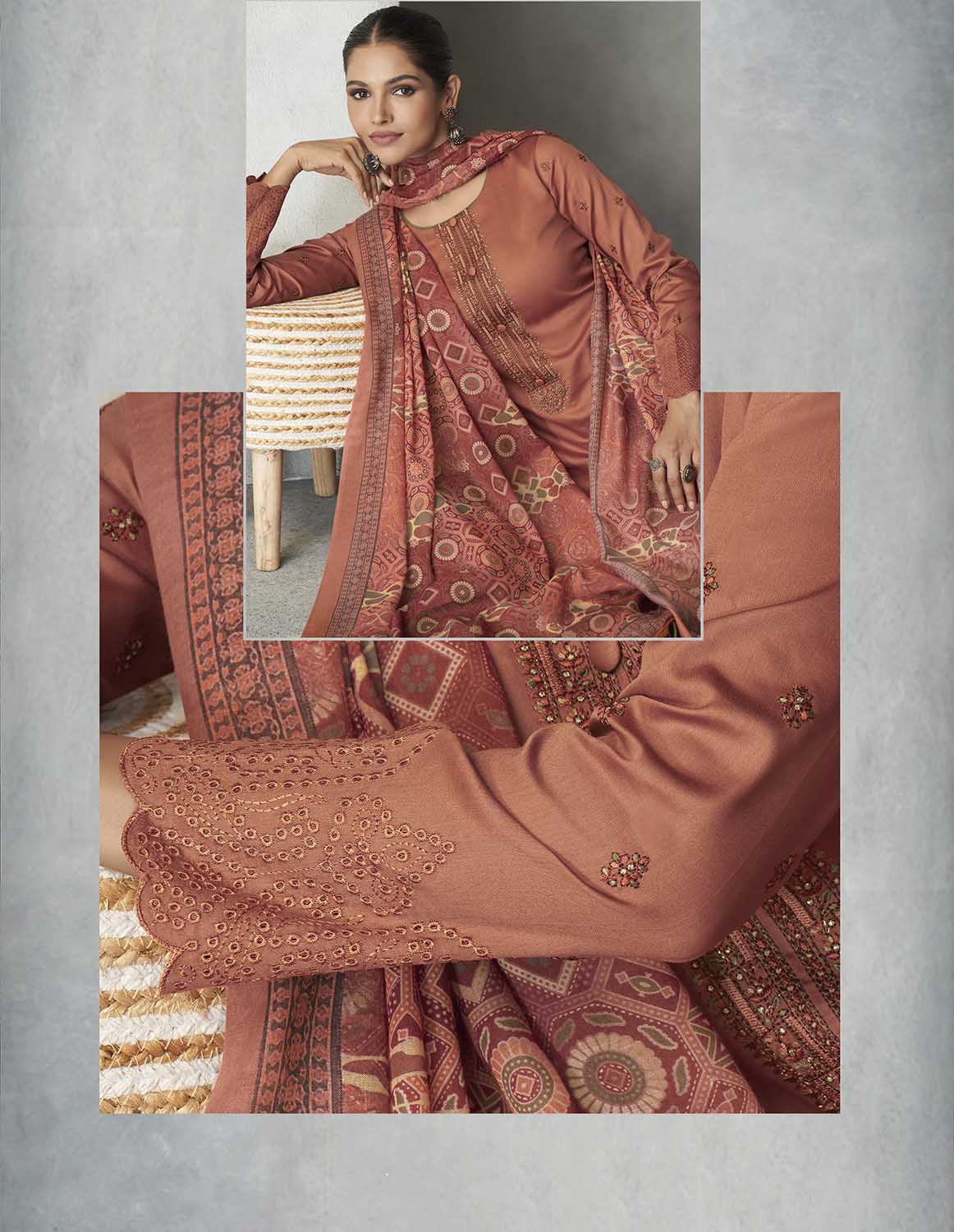 Pure Cotton Satin Unstitched Women Orange Suit Material with Embroidery