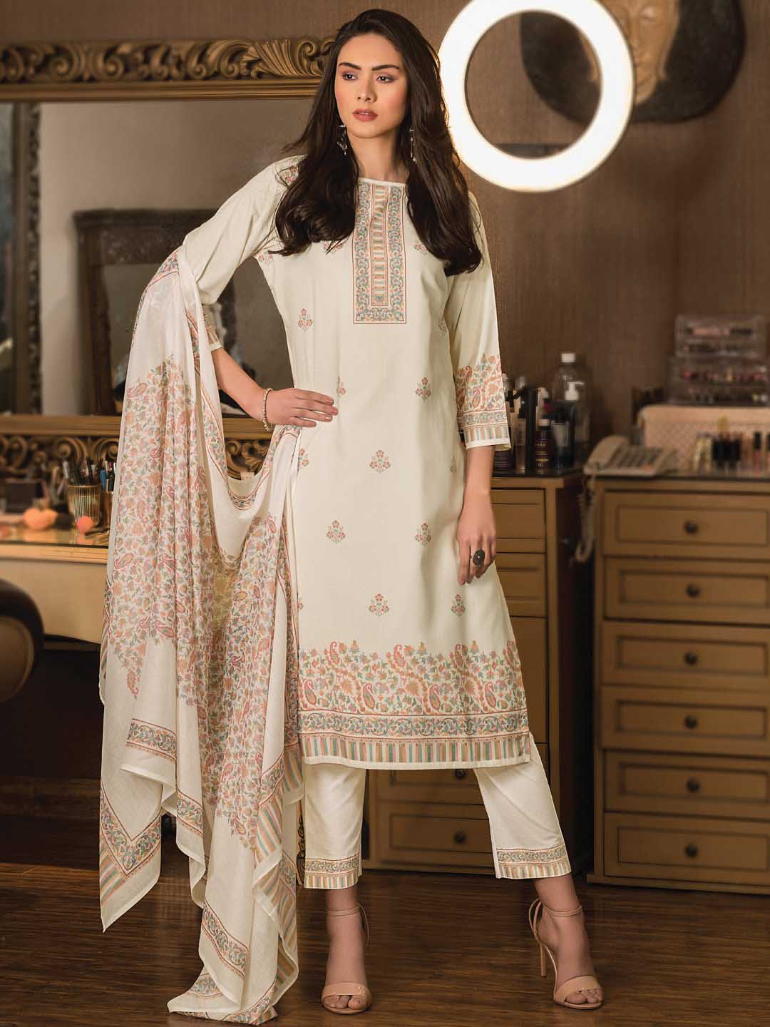 Pure Cotton Off-White Printed Unstitched Salwar Suit Dress