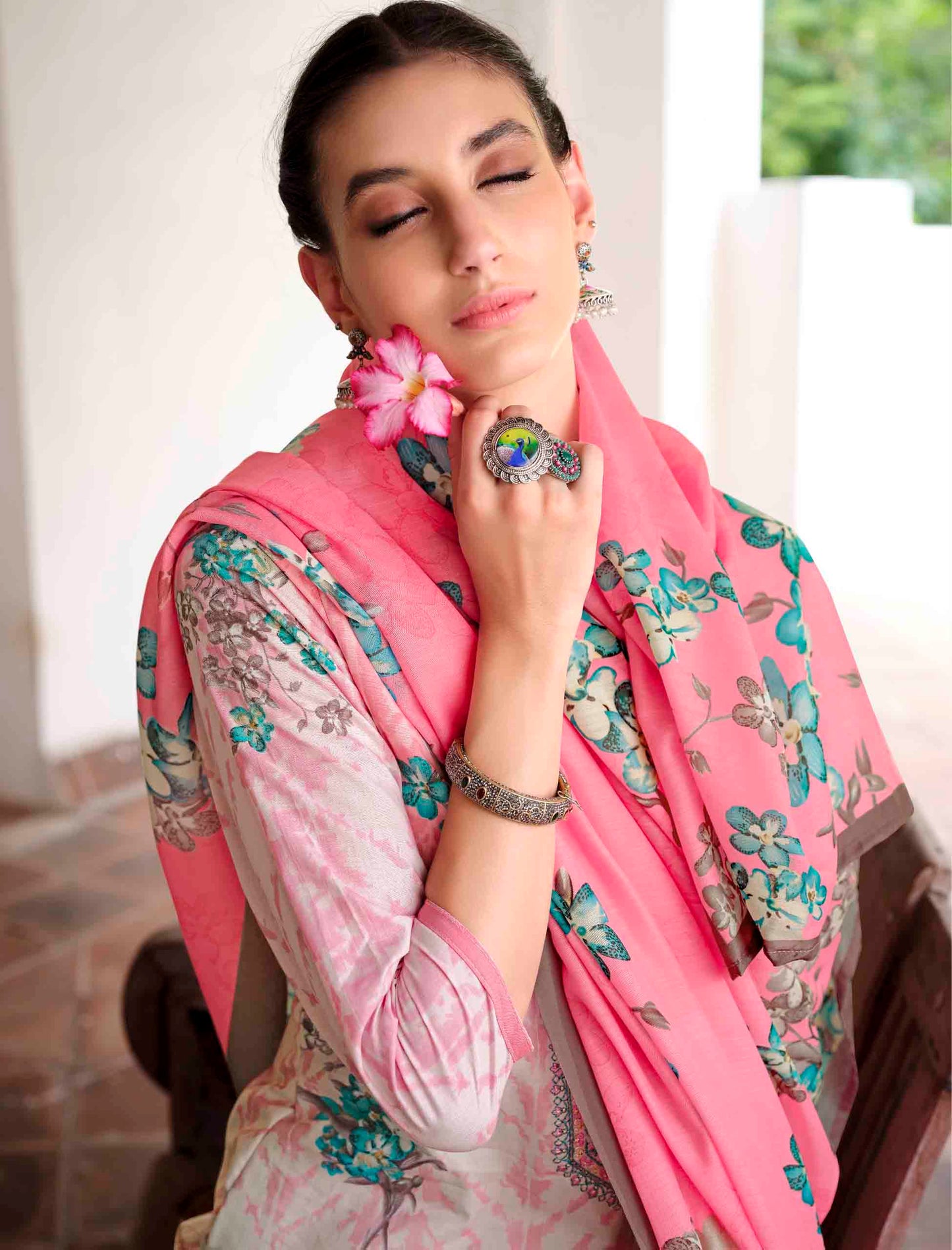 Lawn Cotton Unstitched Women Suits Pink Embroidery Dress Materials