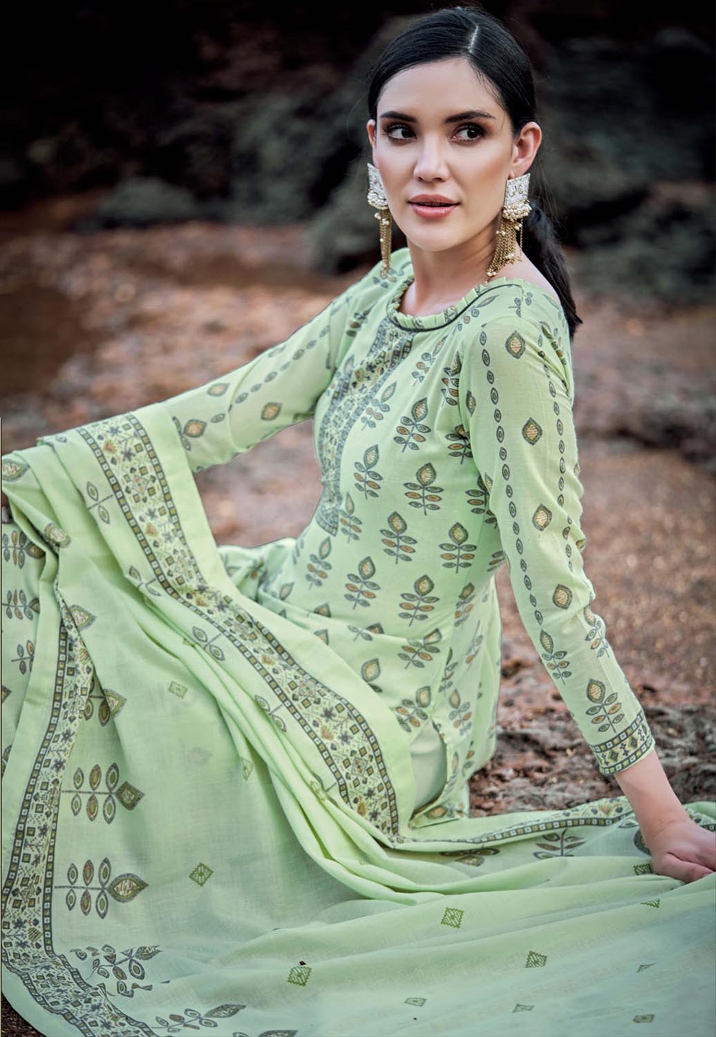 Sargam Unstitched Green Cotton Suits Dress Materials for Women