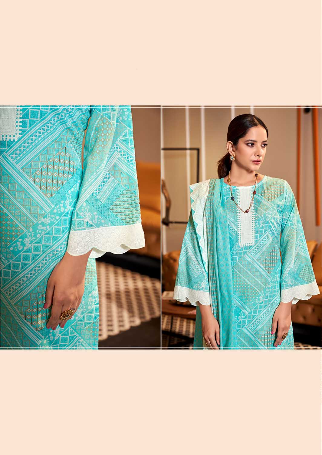 Women Unstitched Printed Pure Cotton Teal Green Suit Dress Material