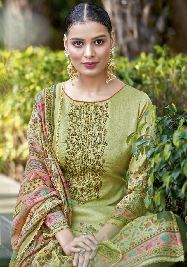 Alok Unstitched Green Cotton Suits Material With Dupatta